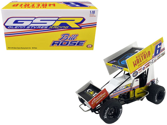 A diecast model of a Winged Sprint Car with the number 6 and the name 'Bill Rose' on the side, along with the 'Michael Waltrip Brewing Co.' logo.