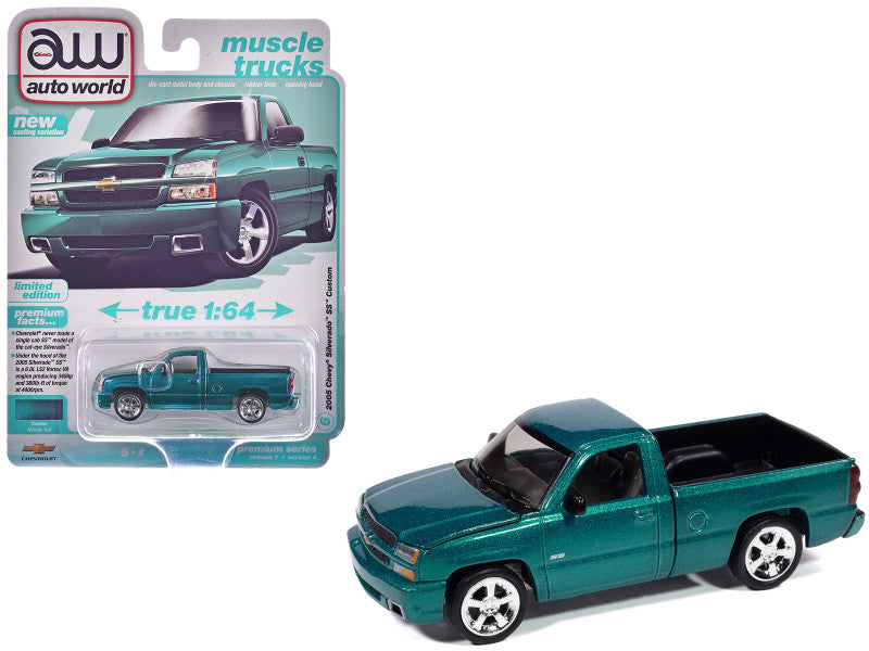 2005 Chevrolet Silverado SS Custom Pickup Teal Metallic 1/64 Diecast Model 64502-AWSP190A