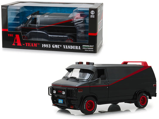Model of a 1983 GMC Vandura from 'The A-Team' with packaging in the background.