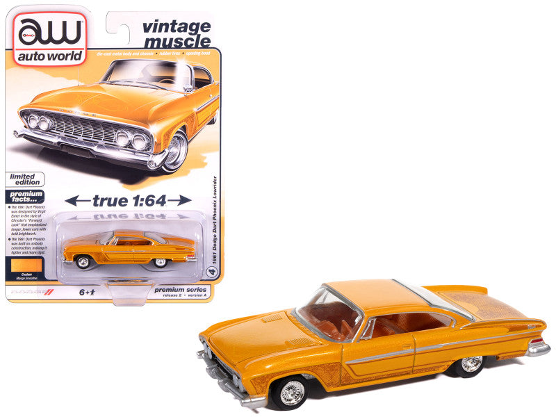 Orange muscle car model with packaging displaying 'Auto World' branding.