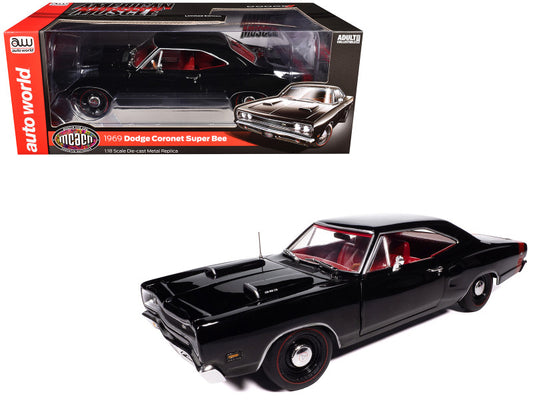 Black 1970 Dodge Coronet Super Bee model car with packaging on a white background