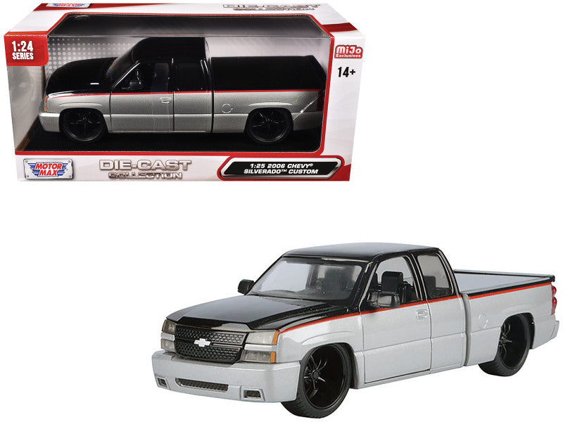Model truck with black and white design in front of its packaging