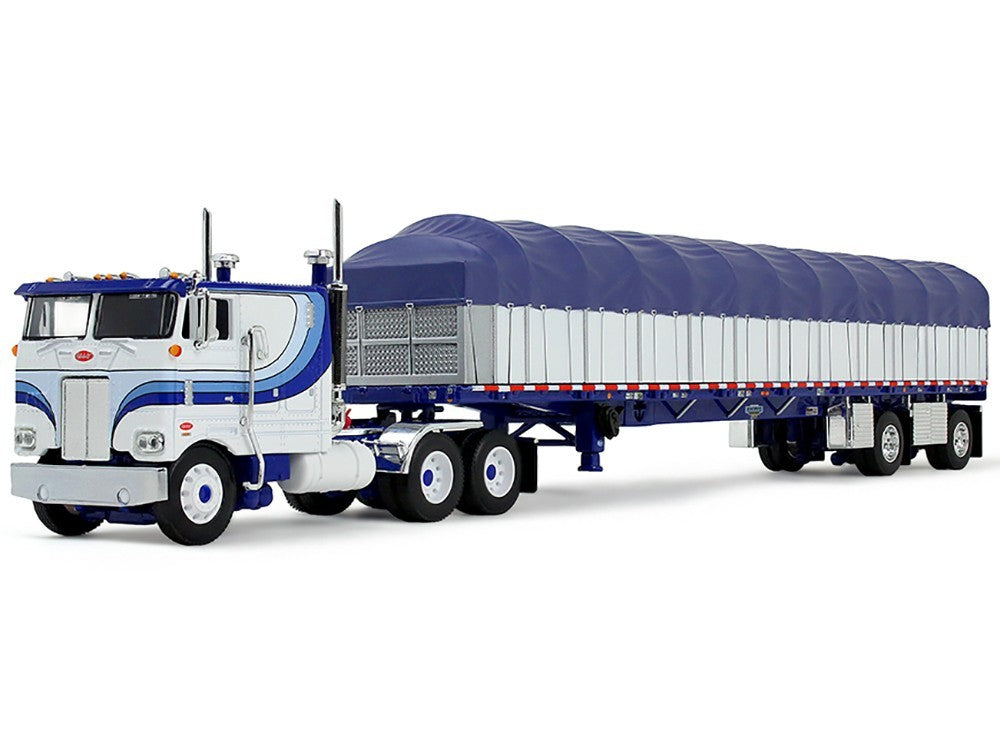 Model truck with a blue and white color scheme on a white background