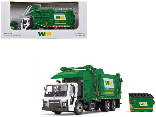 A 1/64 scale diecast model of a Mack LR Garbage Truck with a front loader, Waste Management branding, and a small refuse bin.