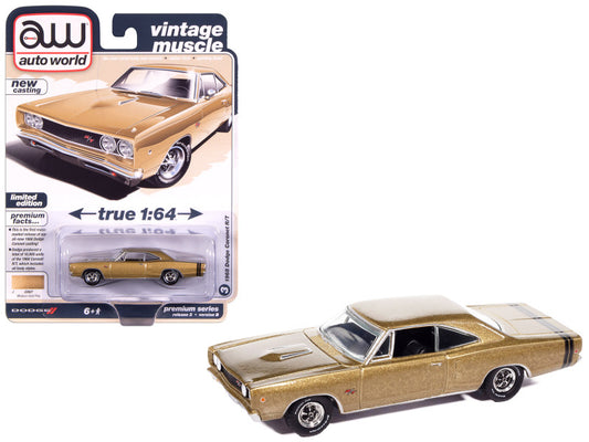 Gold muscle car model in packaging with 'Auto World' branding on a white background