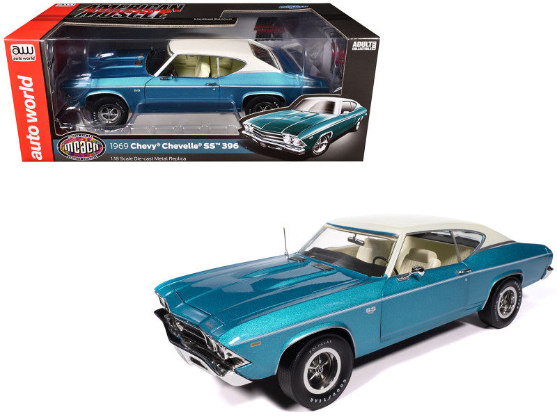 1969 Chevrolet Chevelle SS 396 model car in blue with packaging on a white background