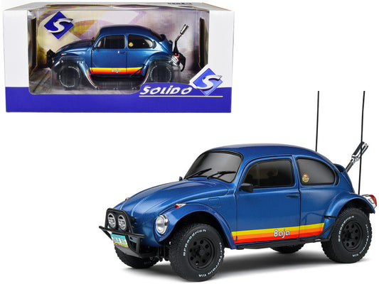 A 1/18 scale diecast model of a blue 1975 Volkswagen Beetle Baja with stripes, manufactured by Solido.