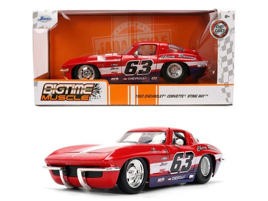 Model car of a red Chevrolet Corvette with the number 63 on a white background
