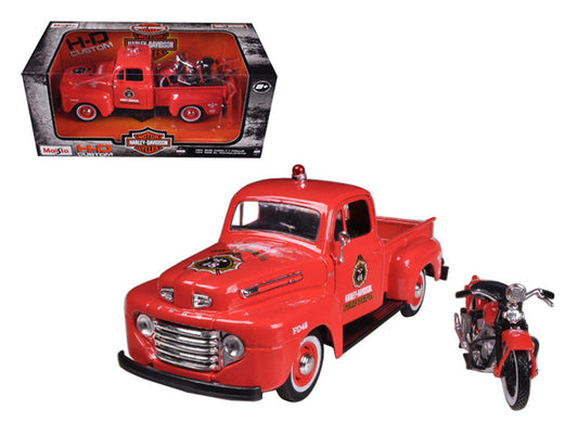 A 1/24 scale diecast model of a 1948 Ford F-1 Harley Davidson Truck and a 1936 El Knucklehead Motorcycle, both in red color, with realistic rubber tires and detailed interiors.