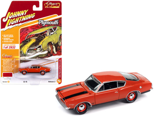 A 1/64 scale diecast model of a 1969 Plymouth Barracuda in orange with black stripes, presented in its packaging which features the Johnny Lightning brand and the name of the model.
