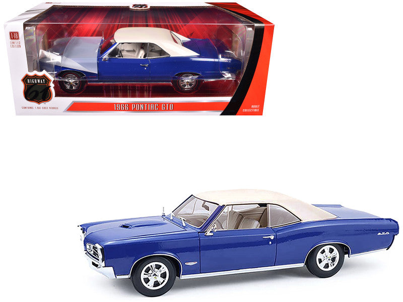 1967 Pontiac GTO model car in blue with white top, displayed both in and out of its packaging.