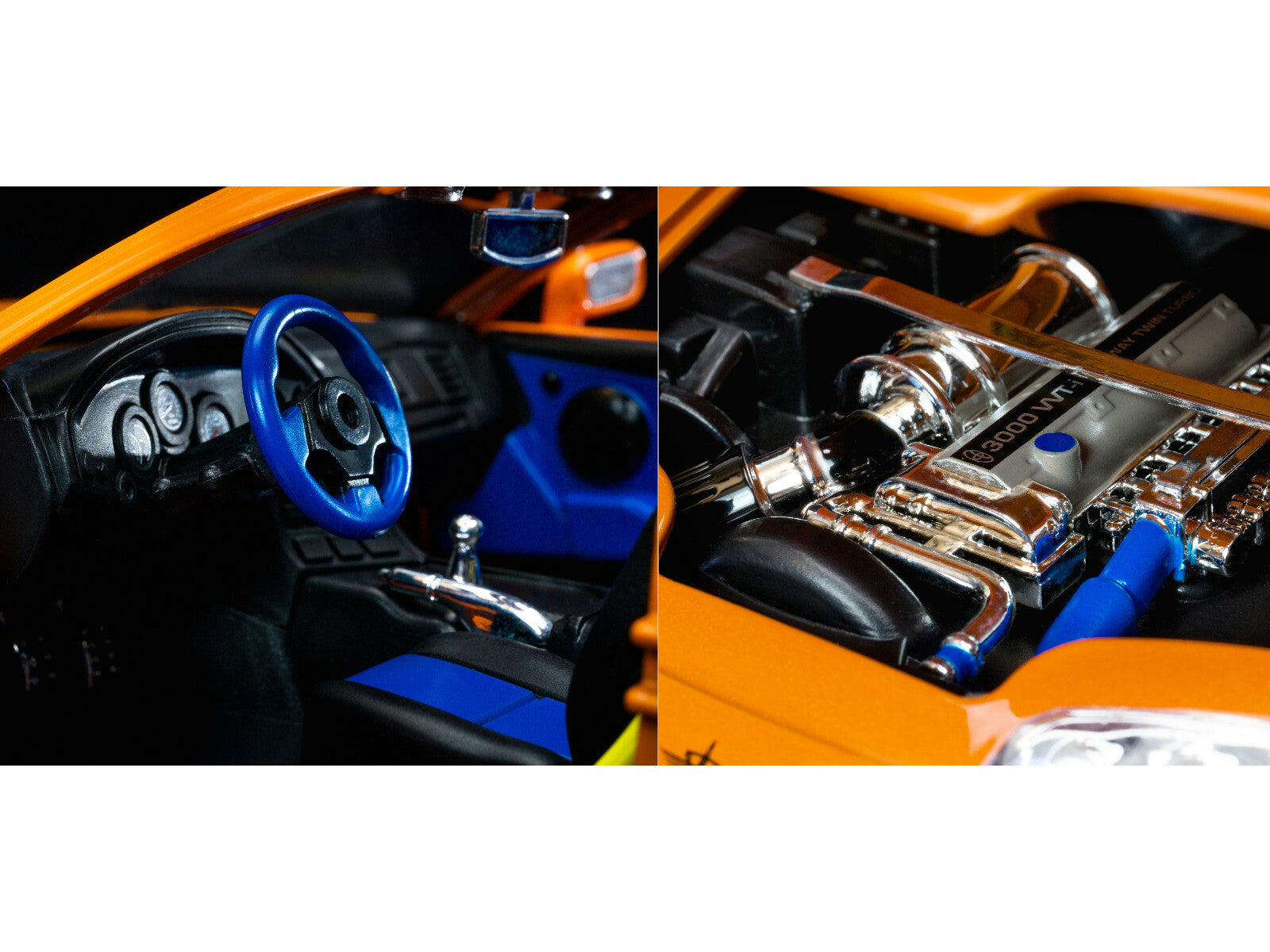 Close-up of a car's interior with steering wheel and dashboard, and an engine compartment.